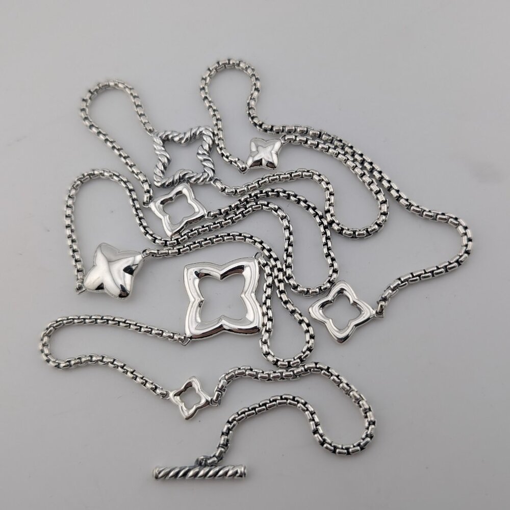 David Yurman Cable Silver Geometric Necklace Quatrefoil Motiff 36” Long